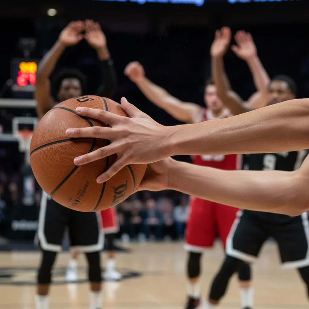 Basketball player making a precise pass, demonstrating exceptional court vision and playmaking skills.