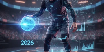 Futuristic basketball player surrounded by predictive analytics data