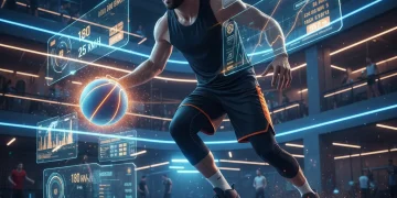 Basketball player with biometric data overlay, symbolizing sports science integration