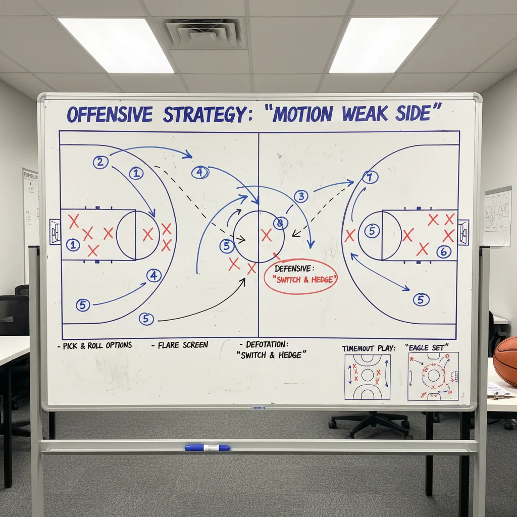 Basketball strategy board illustrating complex plays and tactical formations.