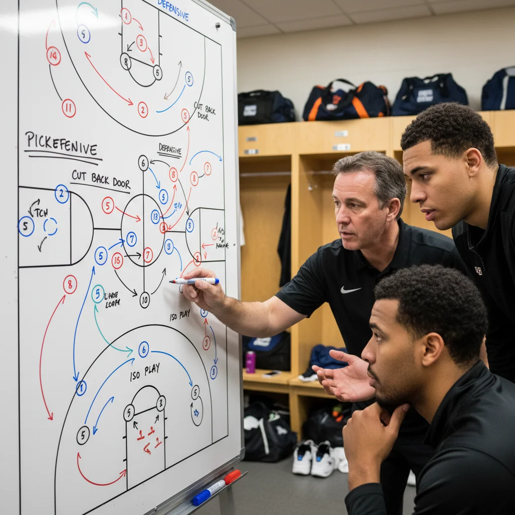 Basketball coaches and players analyzing complex tactical plays on a whiteboard, showcasing strategic innovation.
