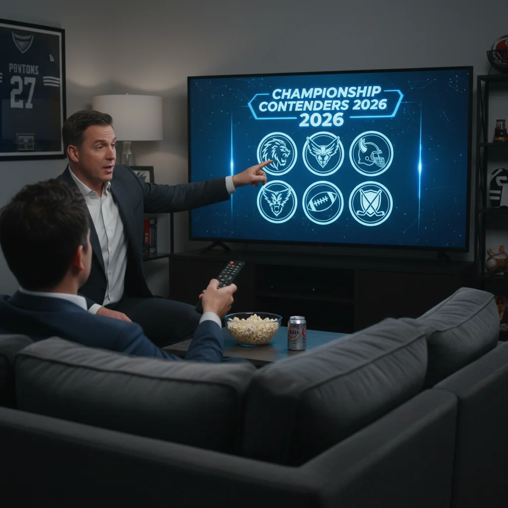 Sports analyst discussing 2026 championship contenders on TV, with a viewer watching.