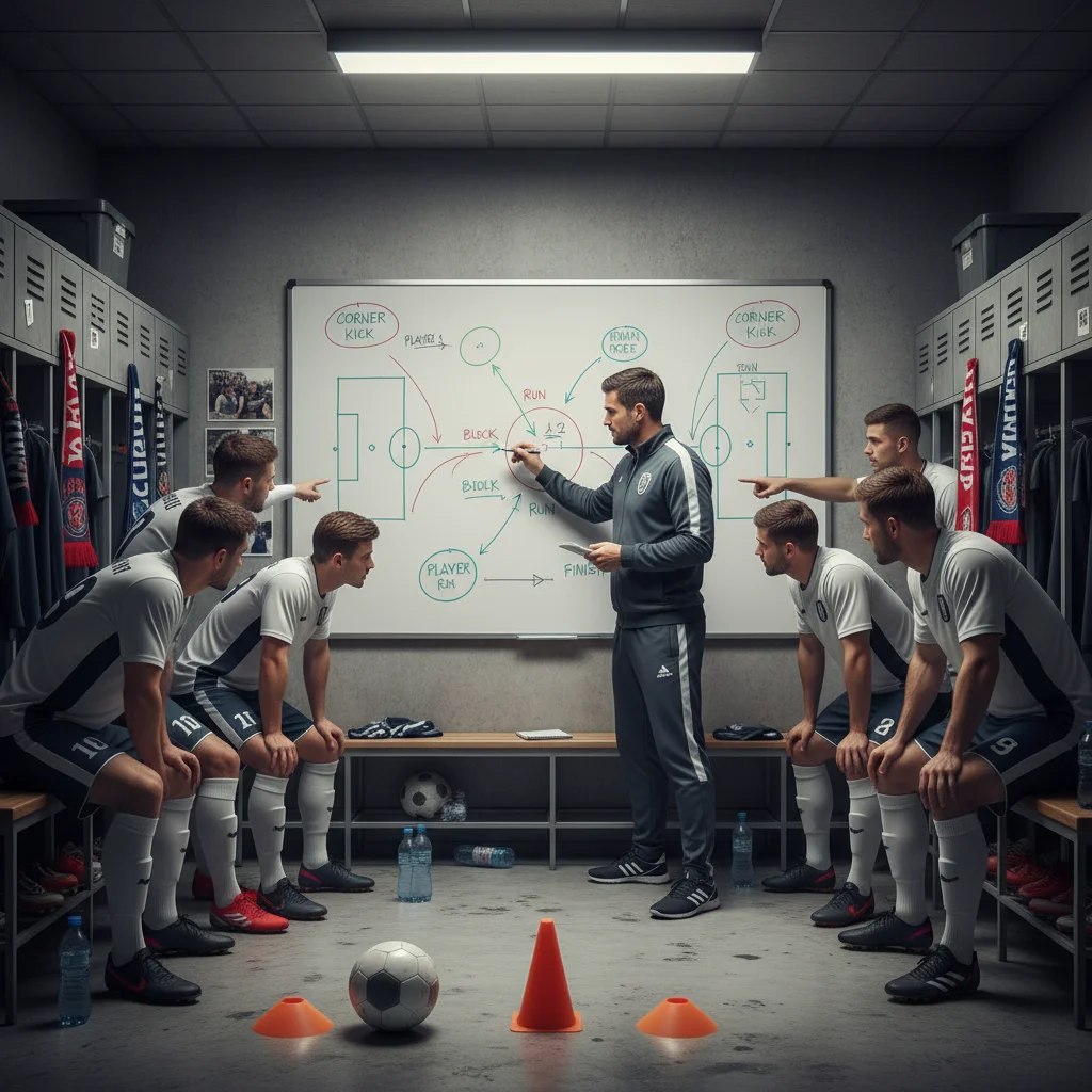 Football coach explaining complex set-piece tactics on a whiteboard to players.