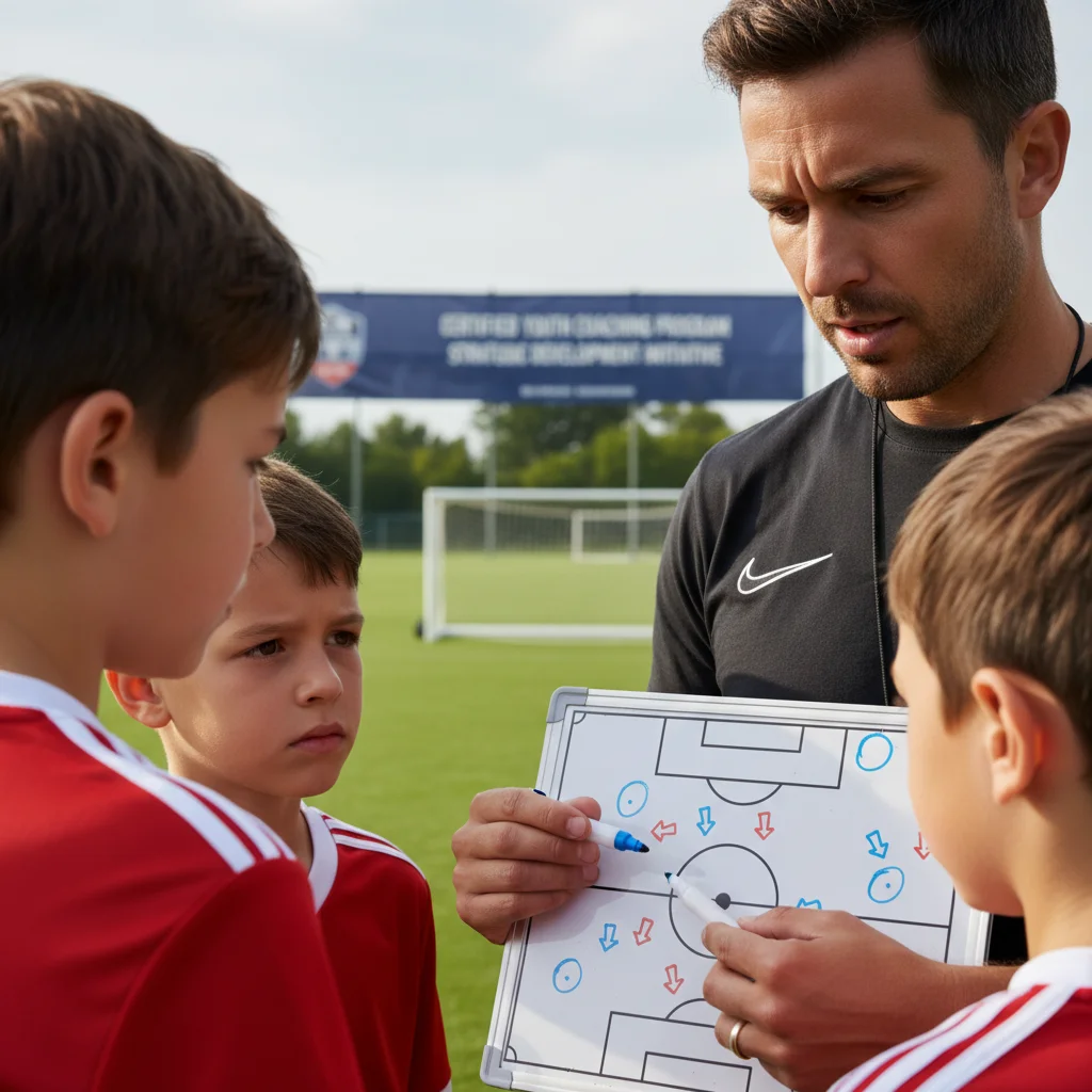 Soccer coach explaining tactics to youth players, illustrating effective USSF certified coaching methods.