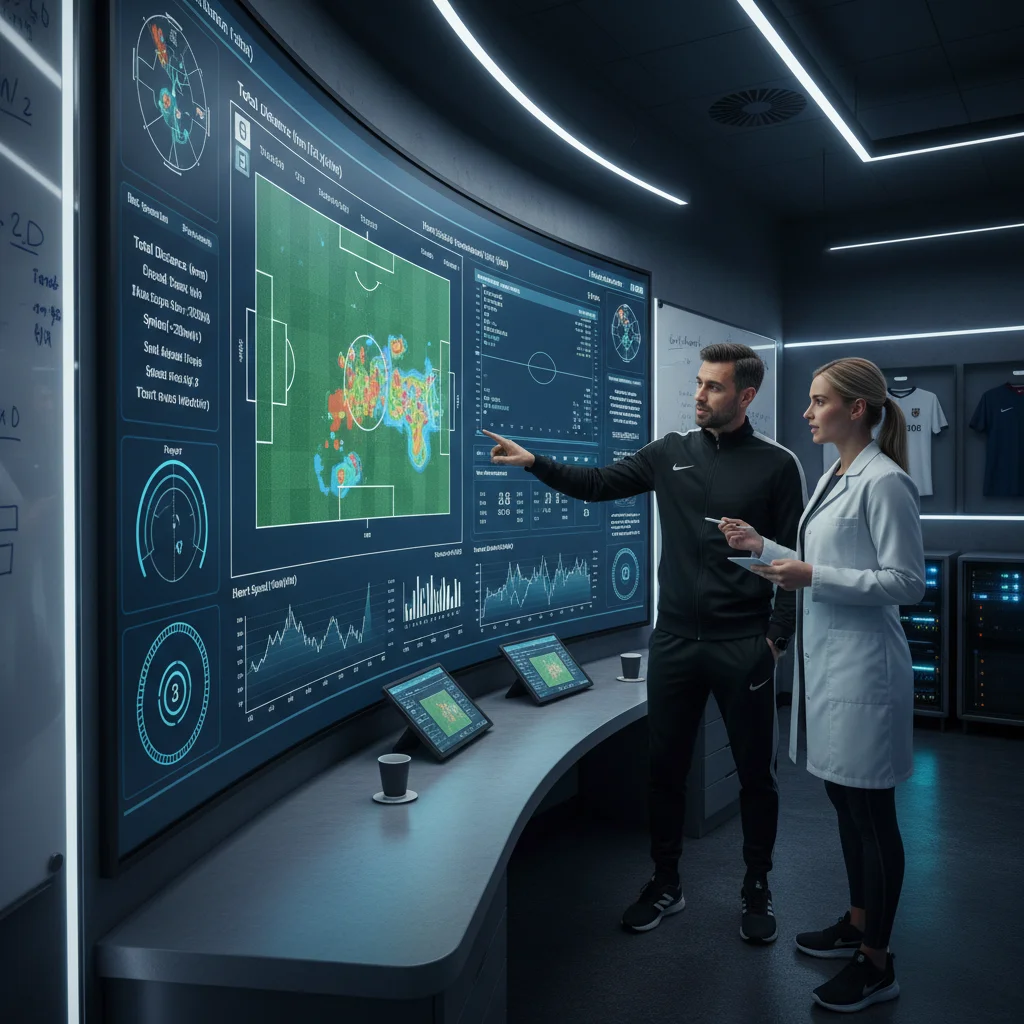 Coach and sports scientist analyzing GPS tracking data on a screen