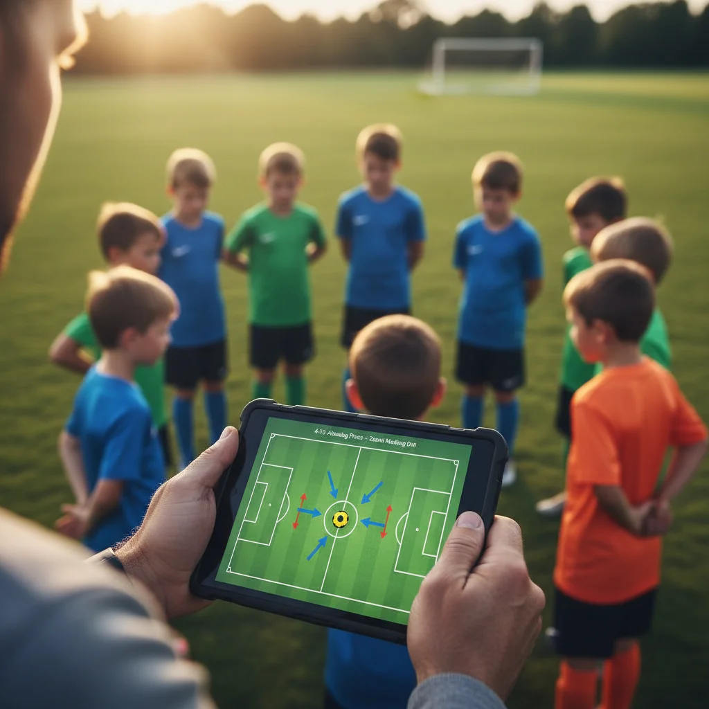 Soccer coach using a tablet to explain tactical drills to youth players.
