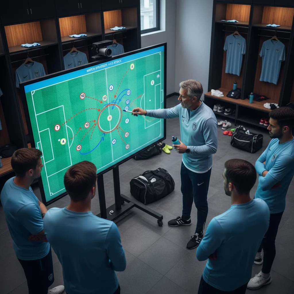 Soccer coach illustrating strategic formations on a whiteboard to a team of players.