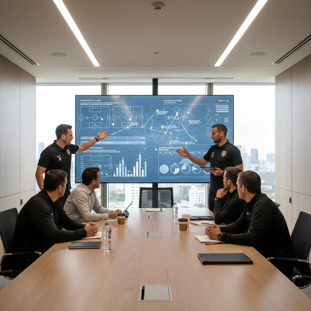 Soccer coaches collaborating with AI-generated opponent analysis on a large screen.