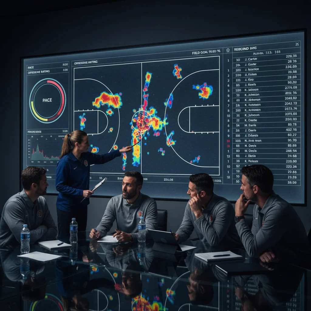 Basketball coaches analyzing complex player statistics and game data on a large screen.