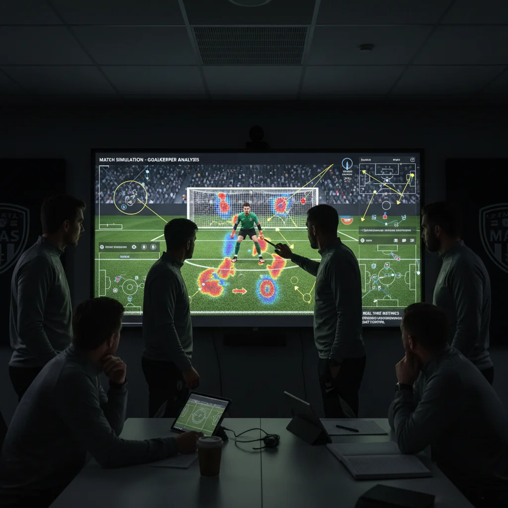 Coaching staff analyzing real-time goalkeeper performance data on a large screen, focusing on positioning and decision-making.