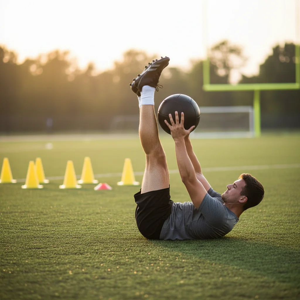 Football player doing core strength exercises for overhead kick.