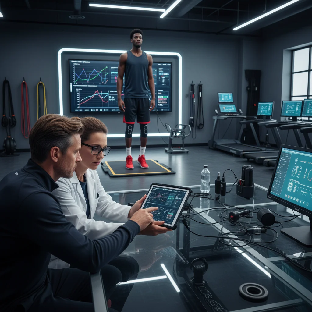 Sports scientists and coaches analyzing player performance data in a modern lab