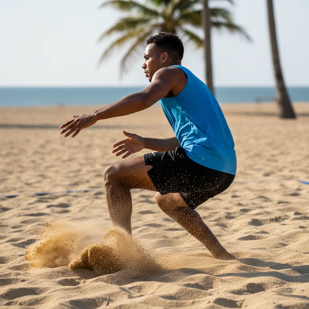 Footvolley player performing a defensive drop step and turn drill.