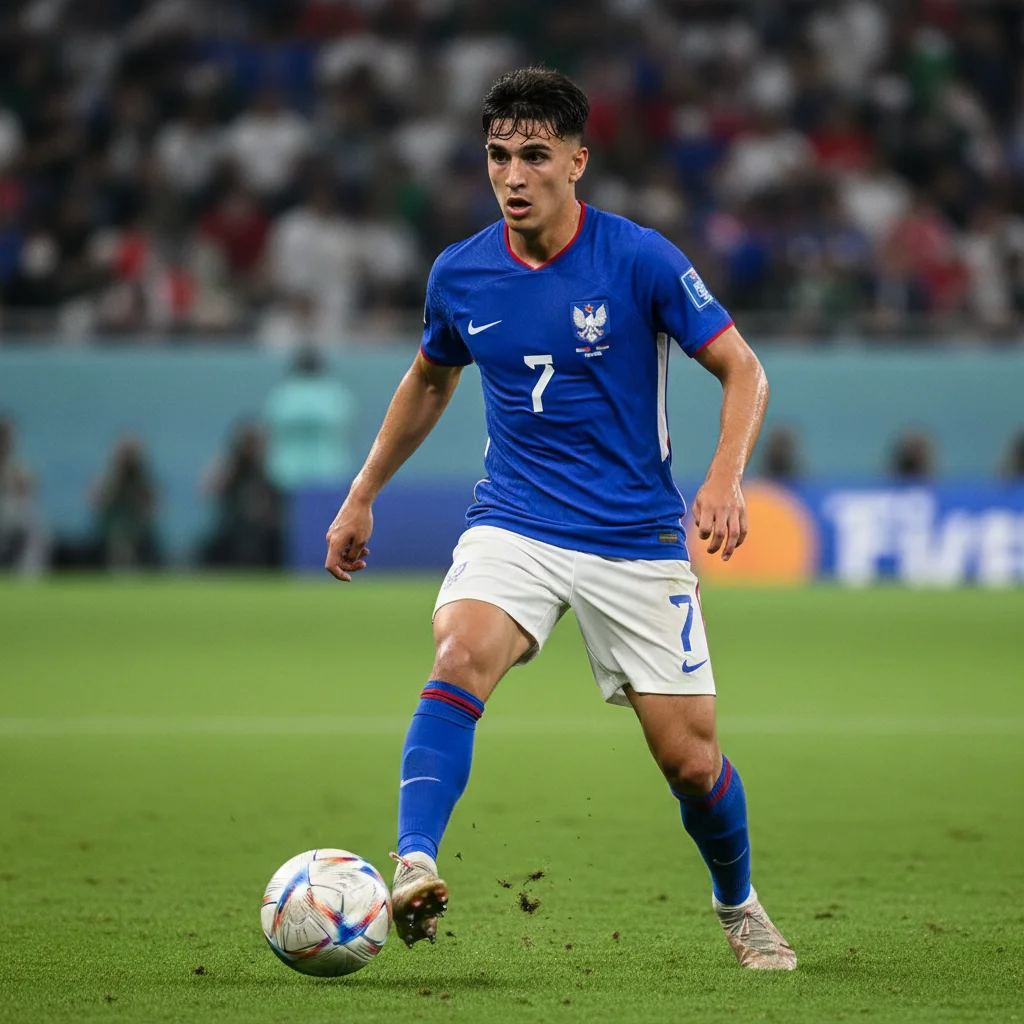 Focused young male soccer player dribbling, representing emerging US talent.