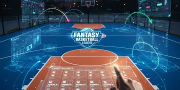 Fantasy Basketball Drafts: New Player Performance Metrics & 3-Month Edge (Updated) Advanced analytics overlaying a basketball court, symbolizing new player performance metrics in fantasy basketball drafts.