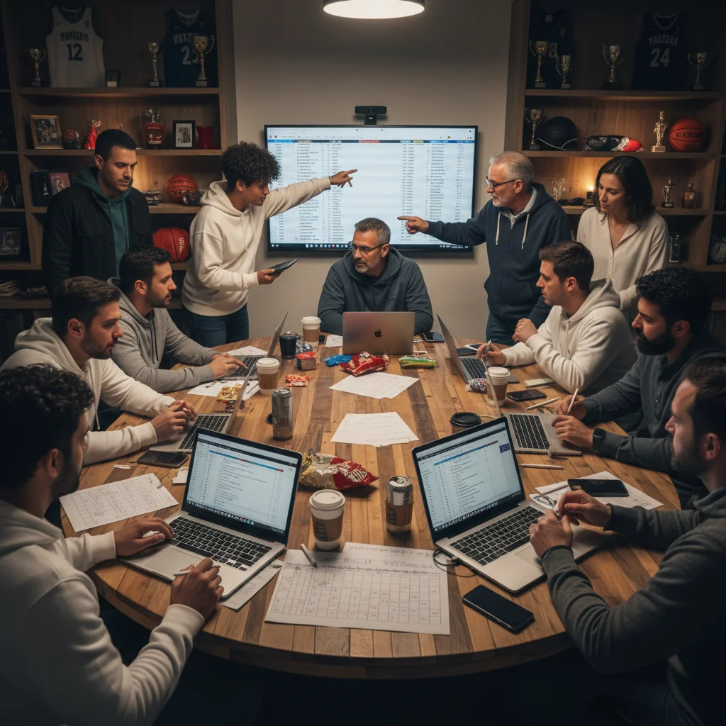 Fantasy basketball managers actively participating in a draft, using data to make strategic player selections.