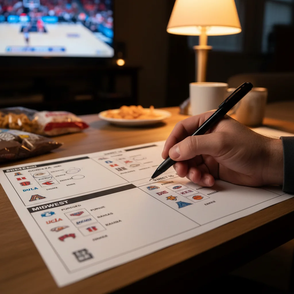 Person filling out March Madness 2026 bracket with pen