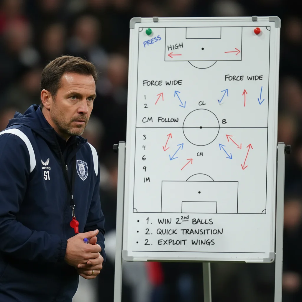 Football coach intently watching a game, with a tactical board showing pressing strategy in the background.