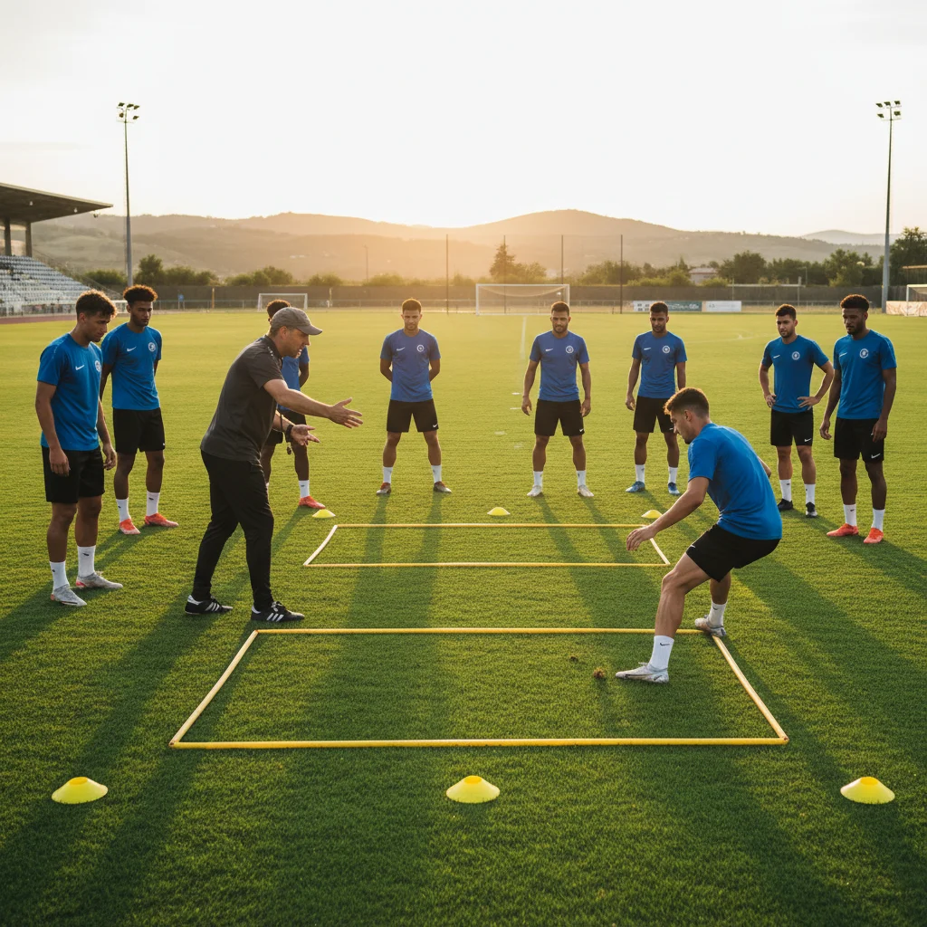 Football coach instructing players on defensive drills and zonal marking