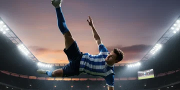 Football player performing an overhead kick with precision and power.