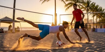 Footvolley players executing advanced footwork on a sand court during a sunset match