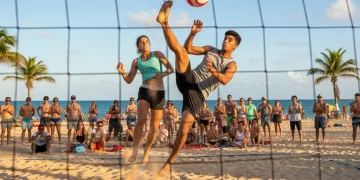 Footvolley players performing an aerial volley on the beach