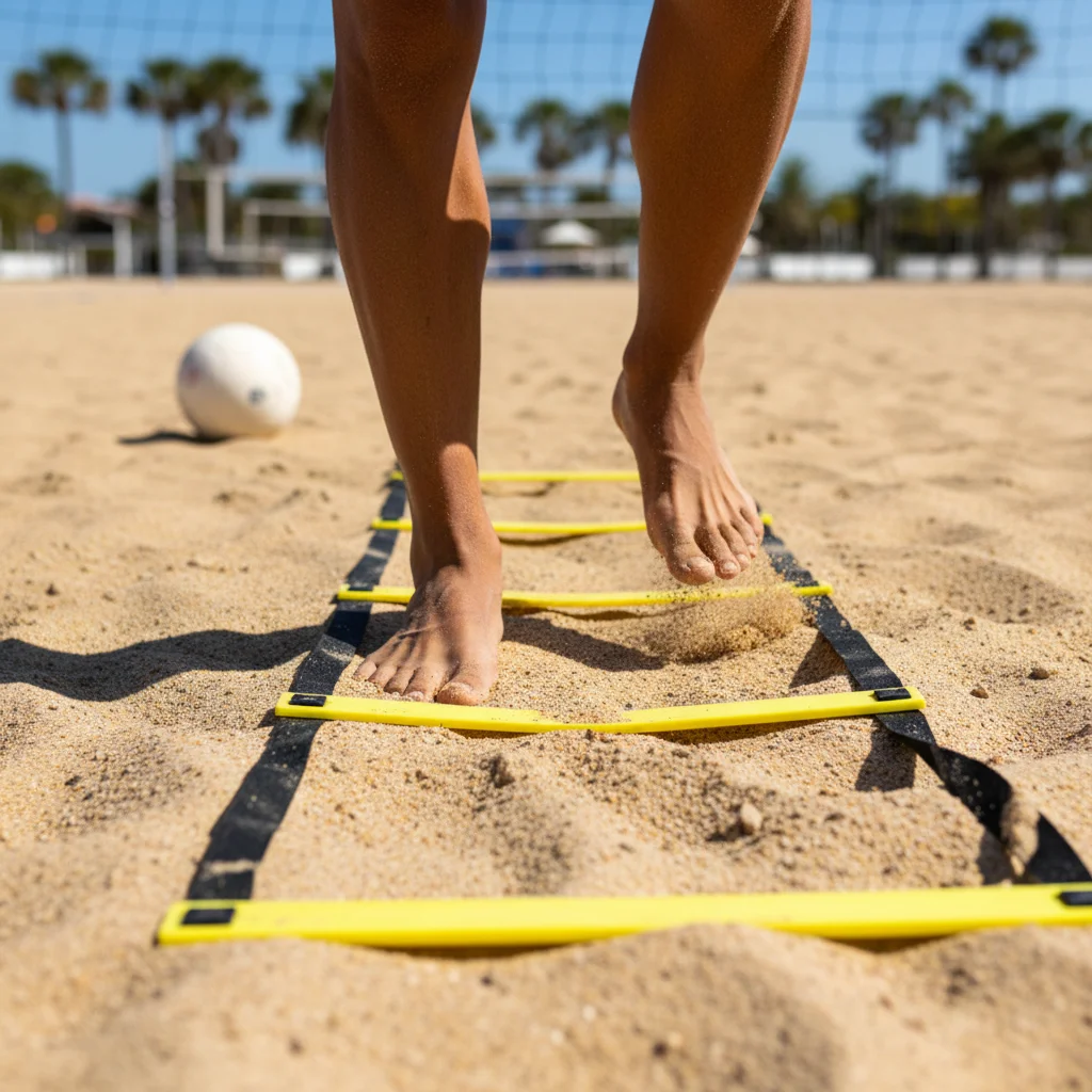 Footvolley player's feet performing agility ladder drill