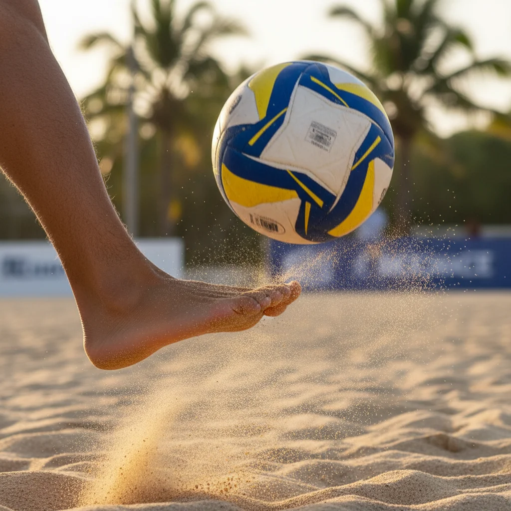 Close-up of footvolley player's foot making precise ball contact