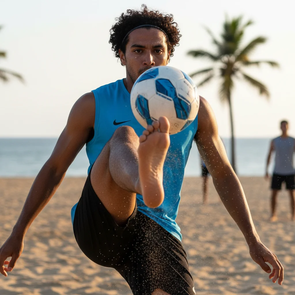 Footvolley player demonstrating exceptional ball control and precise footwork