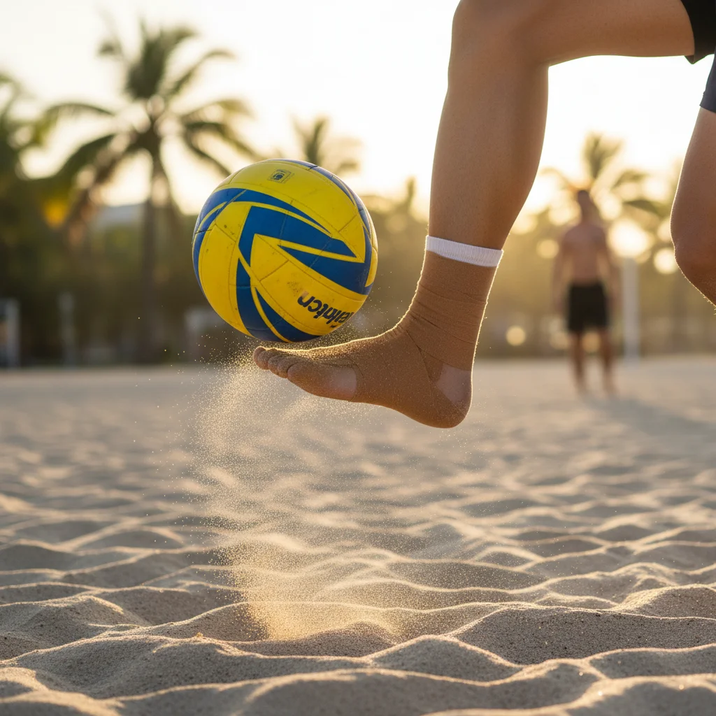 Footvolley player demonstrating precise foot control for ball reception in a 3-touch drill.