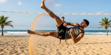 Footvolley player performing bicycle kick on beach