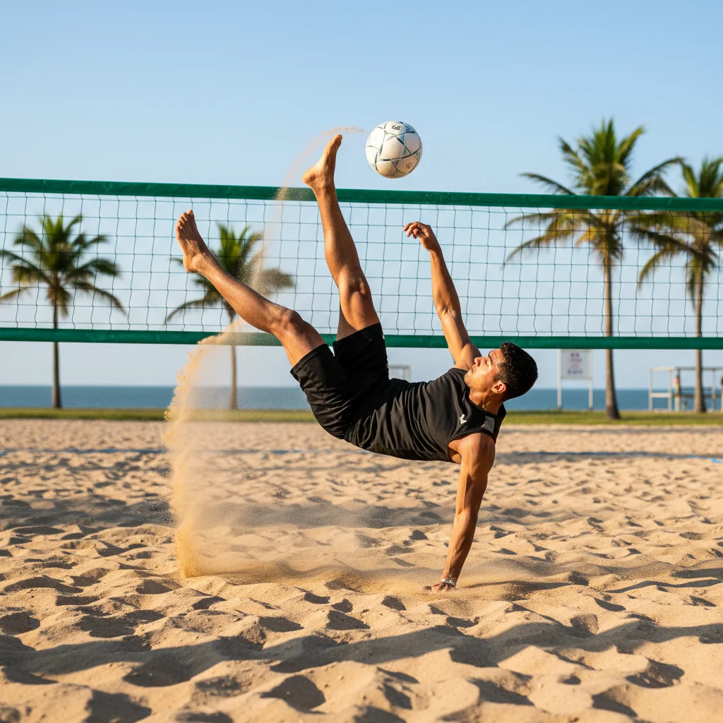 Footvolley player performing bicycle kick for advanced scoring