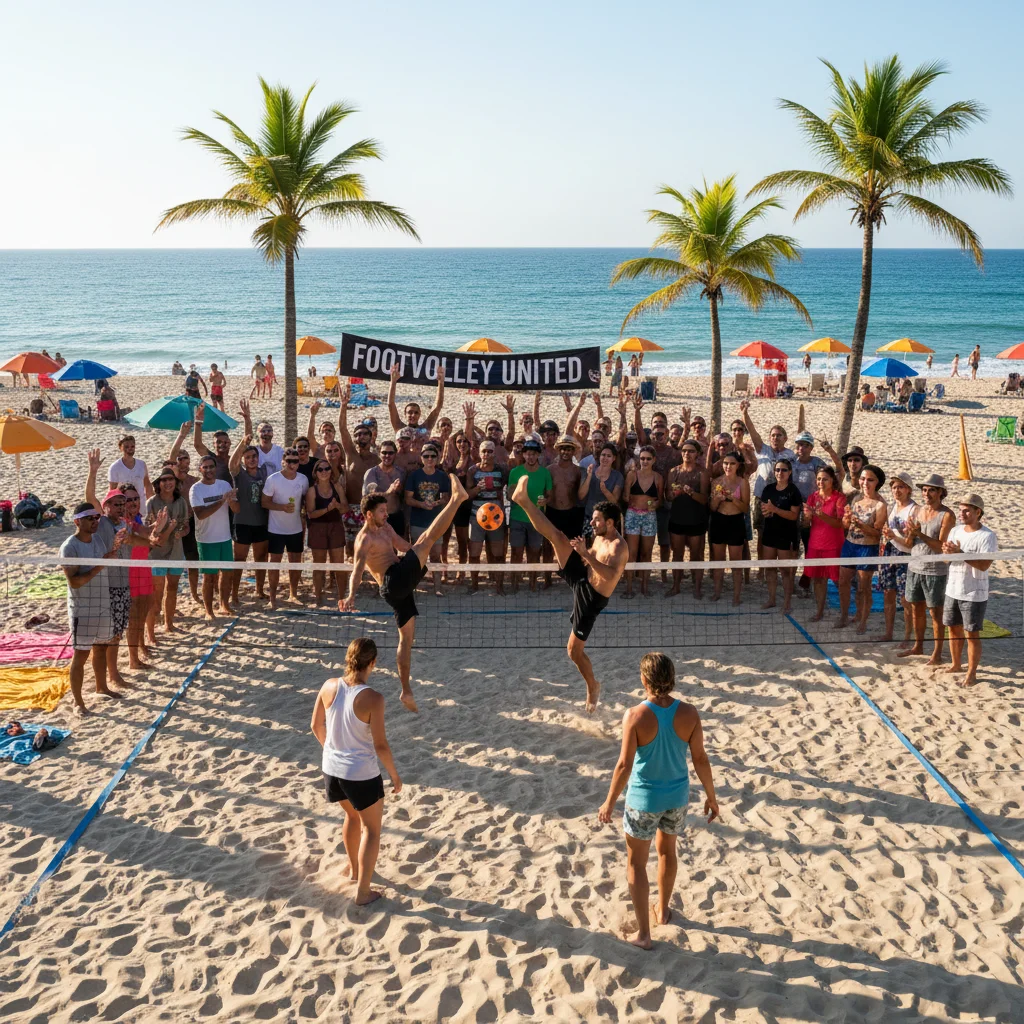 Diverse community of footvolley enthusiasts cheering by a beach court.