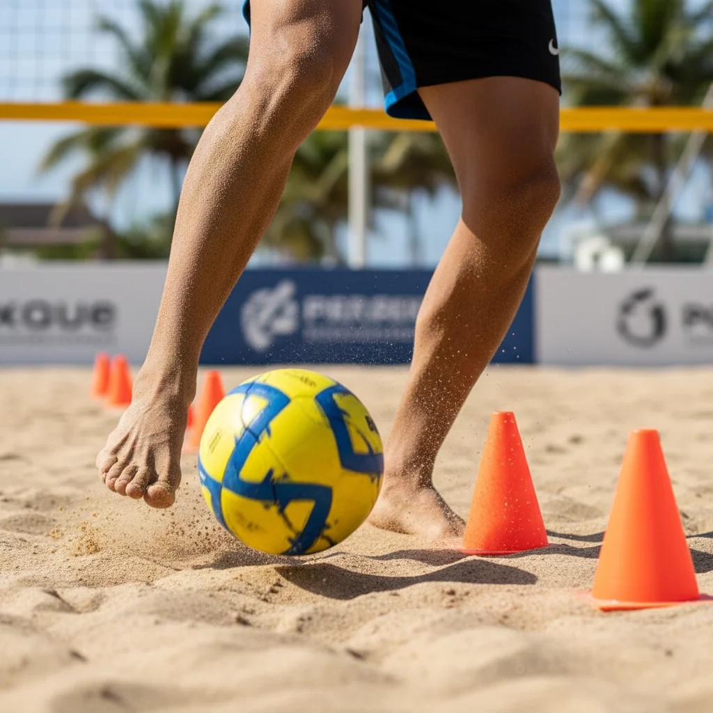 Footvolley player's feet executing a cone drill for agility and quick directional changes.