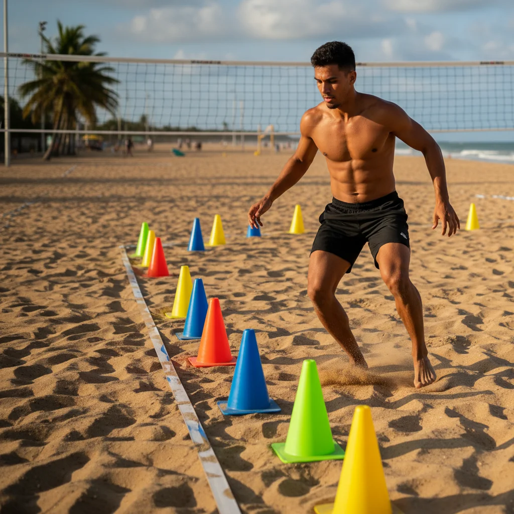 Footvolley player performing cone drill for agility training