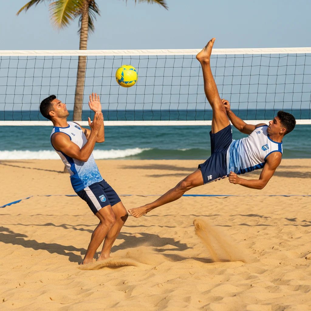 Footvolley players executing coordinated offensive strategy drill