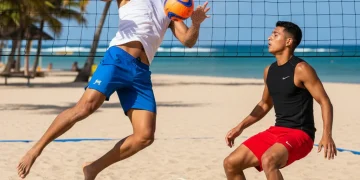 Footvolley players executing defensive block and dig on a sandy court under bright sun.