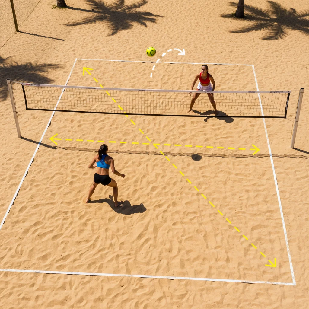 Overhead view of footvolley court with strategic defensive player positioning.