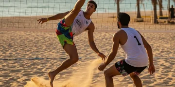 Dynamic footvolley action with two players on a sunny beach court, showcasing agility.