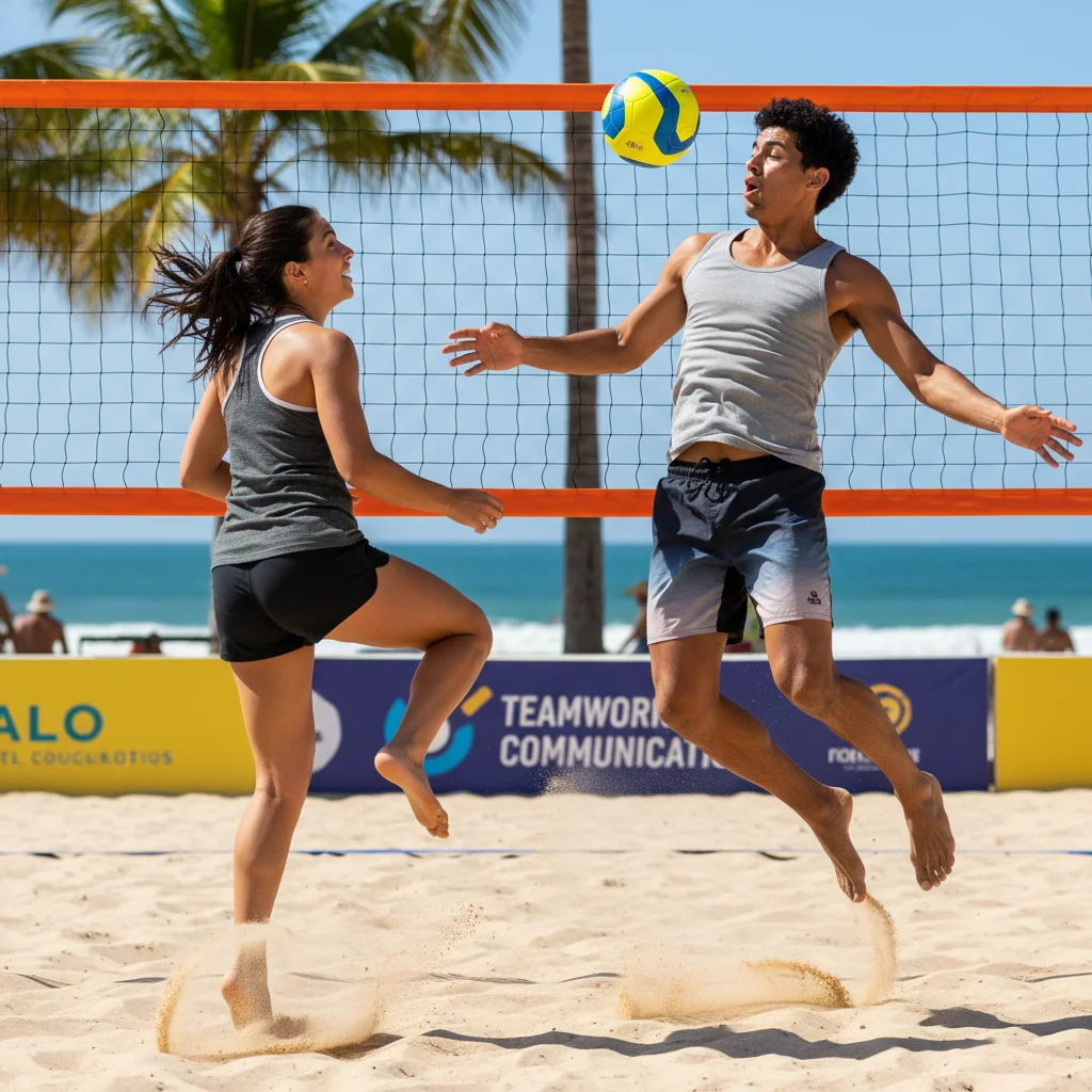 Two footvolley players practicing a dynamic setting drill