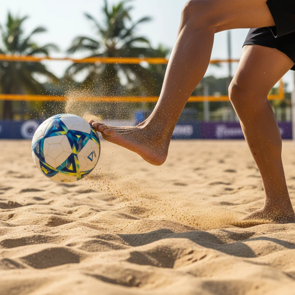 Close-up of footvolley player's feet performing quick directional changes