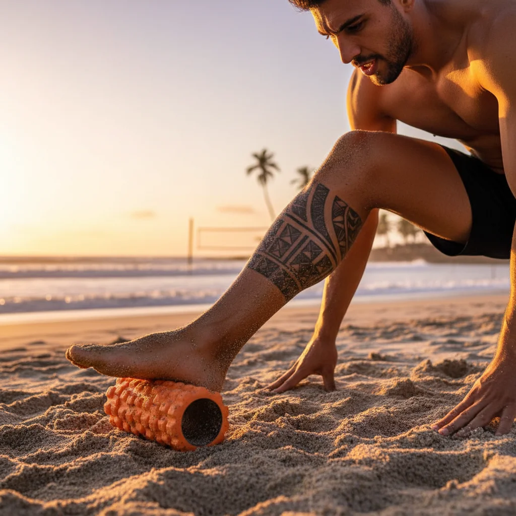 Footvolley player using foam roller on calf muscle
