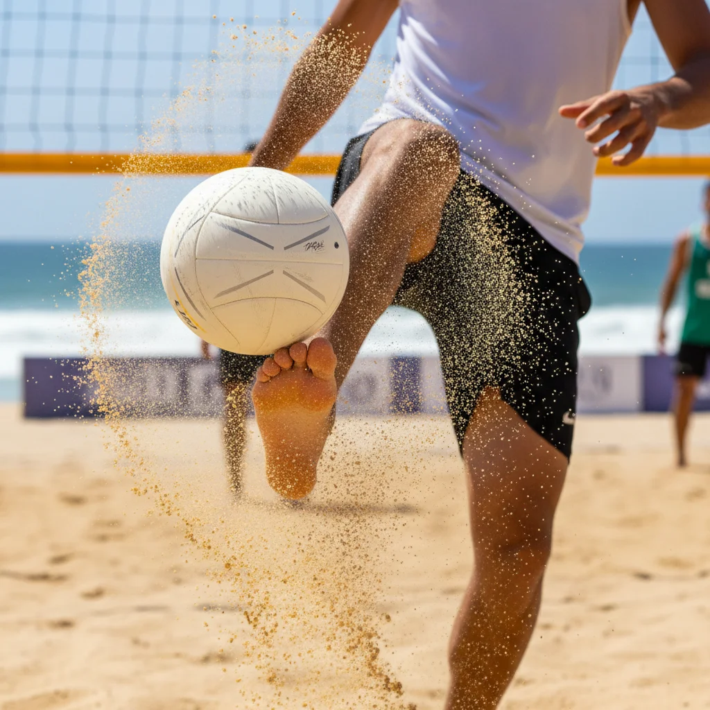 Footvolley player demonstrating correct foot contact for setting
