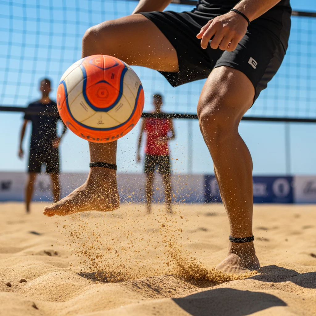 Footvolley player demonstrating precise footwork and ball control during a defensive drill.