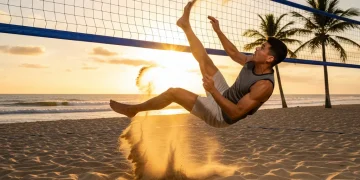 Master Footvolley: Sharpen Your Reflexes by 30% with Dynamic Reaction Drills Footvolley player executing a powerful header during a match, showcasing quick reflexes and agility.