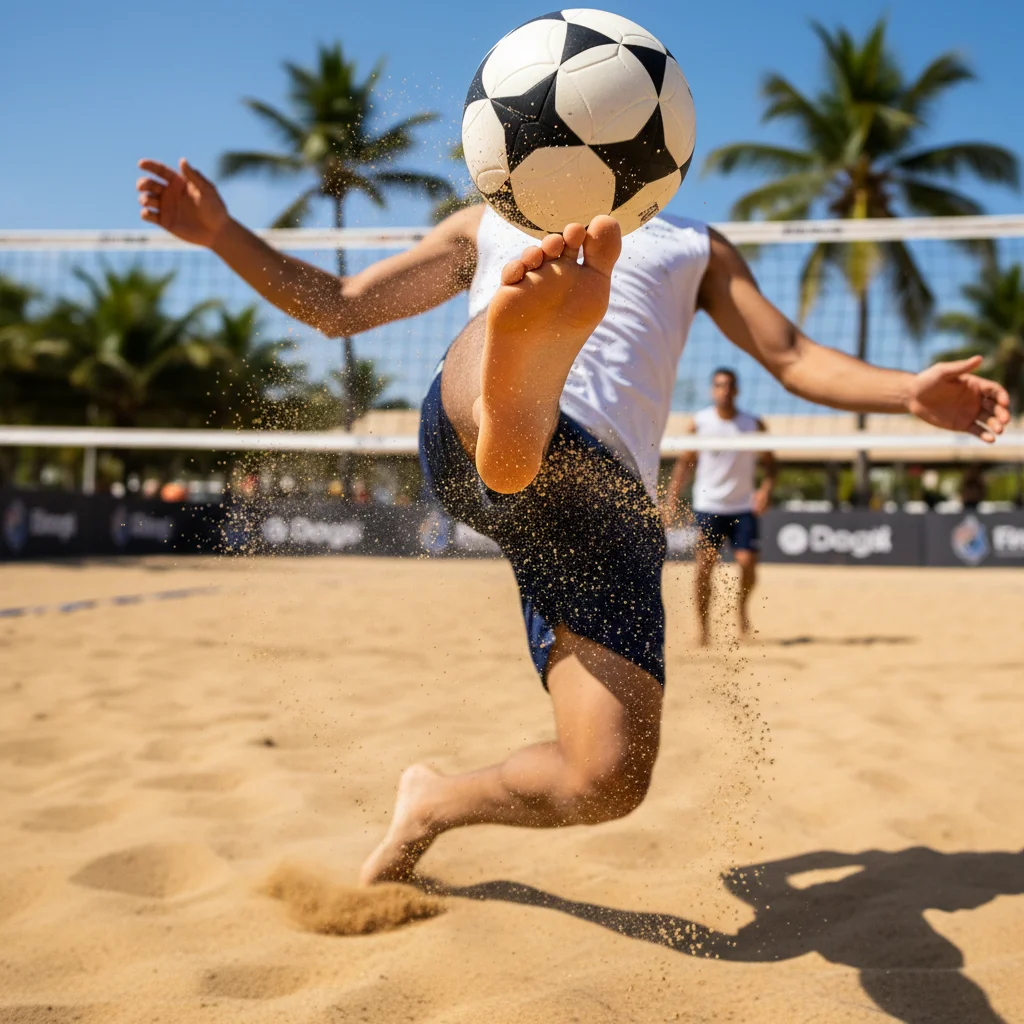 Footvolley player demonstrating instep contact for volley