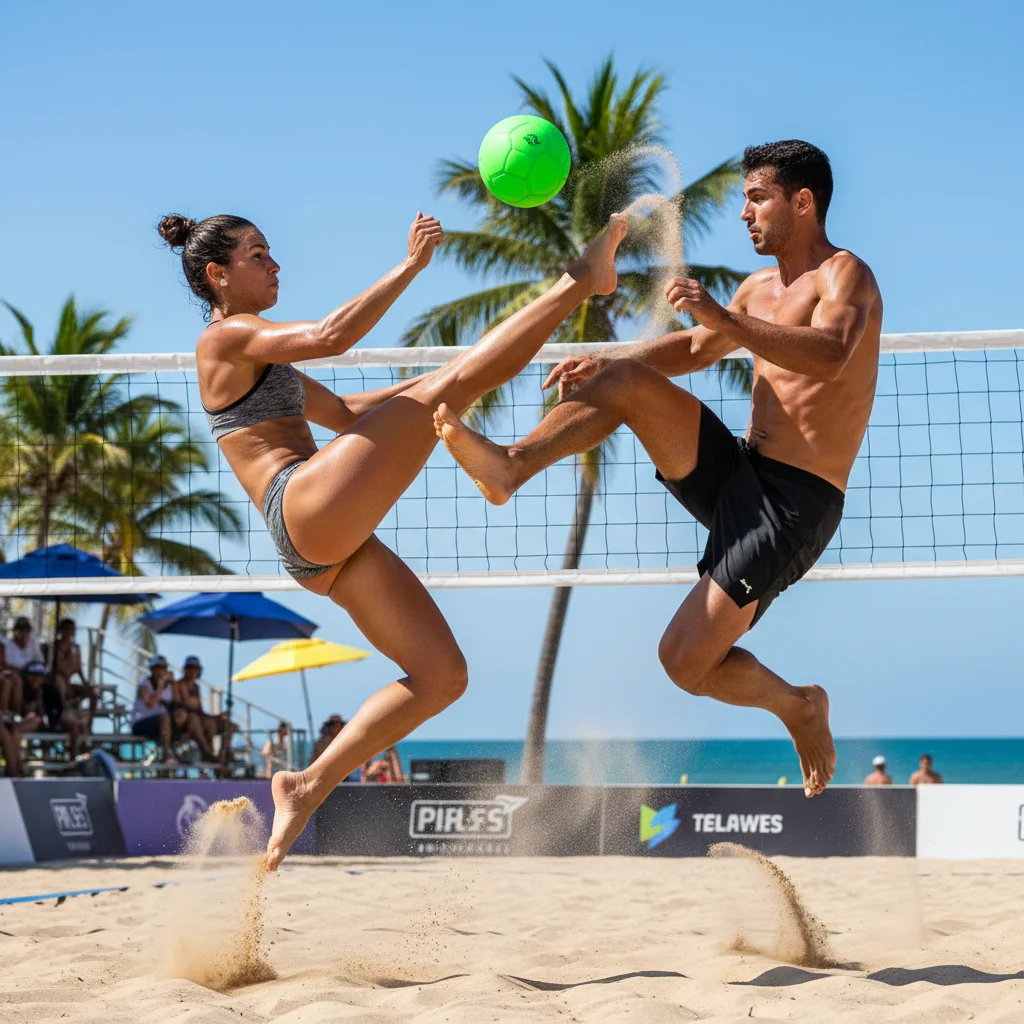 Footvolley players in intense rally on sand