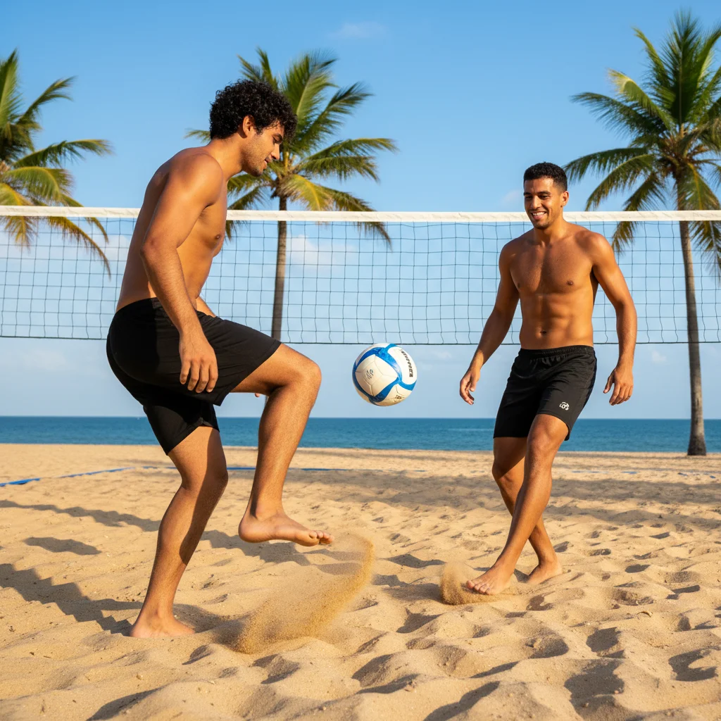 Footvolley players performing light ball passing drill