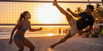 Footvolley players demonstrating intense focus during a critical match point on a beach court.