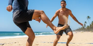 Footvolley players practicing passing on a sandy beach court